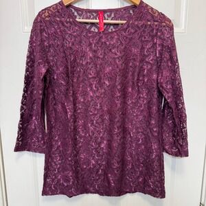 Ruby Ribbon Womens Lace Top M Burgundy 3/4 Sleeve Sheer Floral Boho‎ Romantic